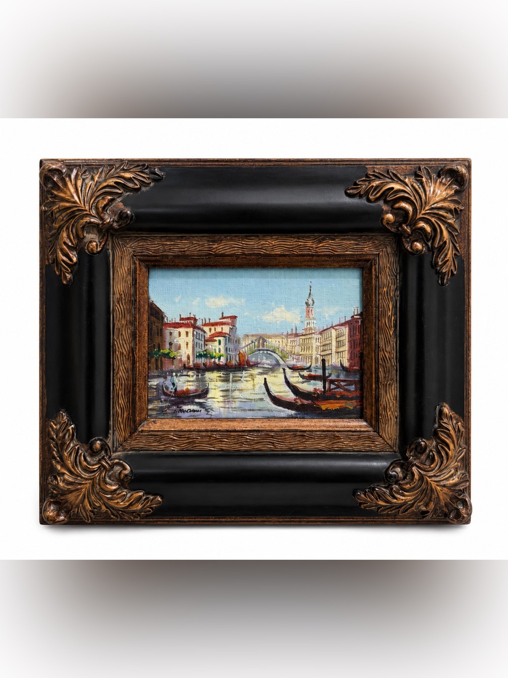 Vintage Small Venetian Canal Oil Painting in Ornate Black & Gold Frame